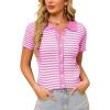 imageWULFUL Womens Short Sleeve Striped Pullover Sweater Cardigan Ribbed Knit Casual V Neck Shirt TopsRose Red