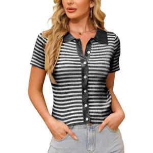 imageWULFUL Womens Short Sleeve Striped Pullover Sweater Cardigan Ribbed Knit Casual V Neck Shirt TopsBlack