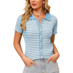 imageWULFUL Womens Short Sleeve Striped Pullover Sweater Cardigan Ribbed Knit Casual V Neck Shirt TopsLake Blue