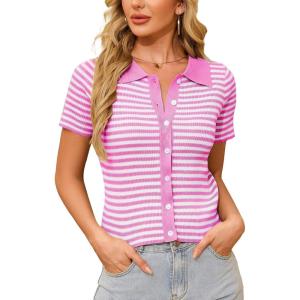 imageWULFUL Womens Short Sleeve Striped Pullover Sweater Cardigan Ribbed Knit Casual V Neck Shirt TopsRose Red