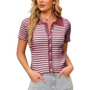 imageWULFUL Womens Short Sleeve Striped Pullover Sweater Cardigan Ribbed Knit Casual V Neck Shirt TopsWine