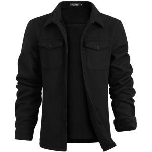 imageWULFUL Mens Flannel Fleece Jackets Sherpa Lined Shirt Jacket Plaid Jackets Shacket Winter Outerwear WarmBlack