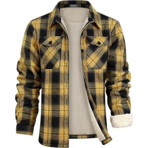 imageWULFUL Mens Flannel Fleece Jackets Sherpa Lined Shirt Jacket Plaid Jackets Shacket Winter Outerwear WarmBlack Yellow976