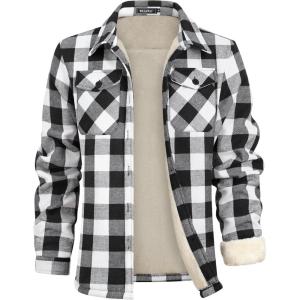 imageWULFUL Mens Flannel Fleece Jackets Sherpa Lined Shirt Jacket Plaid Jackets Shacket Winter Outerwear WarmBlack649