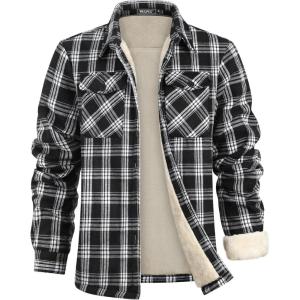 imageWULFUL Mens Flannel Fleece Jackets Sherpa Lined Shirt Jacket Plaid Jackets Shacket Winter Outerwear WarmBlack758