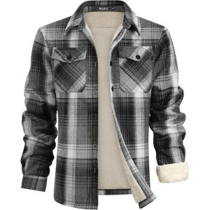 imageWULFUL Mens Flannel Fleece Jackets Sherpa Lined Shirt Jacket Plaid Jackets Shacket Winter Outerwear WarmGrey567