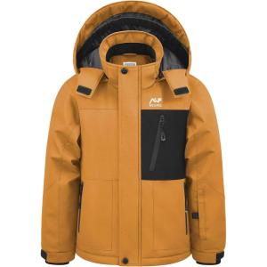 imageWULFUL Boys Winter Waterproof Ski Coat Kids Windproof Snow Jacket with Detachable HoodBrown
