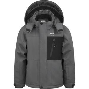 imageWULFUL Boys Winter Waterproof Ski Coat Kids Windproof Snow Jacket with Detachable HoodDark Grey