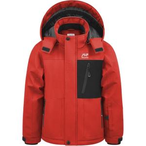 imageWULFUL Boys Winter Waterproof Ski Coat Kids Windproof Snow Jacket with Detachable HoodRed