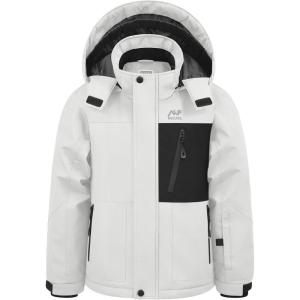 imageWULFUL Boys Winter Waterproof Ski Coat Kids Windproof Snow Jacket with Detachable HoodWhite