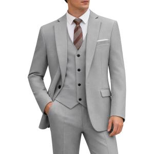 imageWULFUL Mens 3 Piece Slim Fit Suit Set One Button Blazer Jacket Pants Tuxedo Set for Party Wedding and BusinessLight Grey