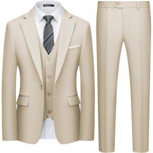 imageWULFUL Mens 3 Piece Slim Fit Suit Set One Button Blazer Jacket Pants Tuxedo SetChampagne