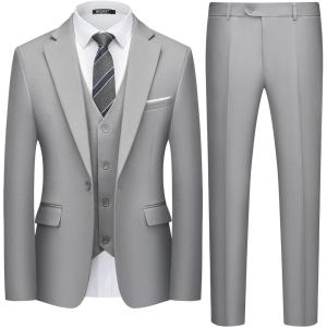 imageWULFUL Mens 3 Piece Slim Fit Suit Set One Button Blazer Jacket Pants Tuxedo SetLight Gray