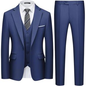 imageWULFUL Mens 3 Piece Slim Fit Suit Set One Button Blazer Jacket Pants Tuxedo SetNavy