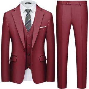 imageWULFUL Mens 3 Piece Slim Fit Suit Set One Button Blazer Jacket Pants Tuxedo SetRed