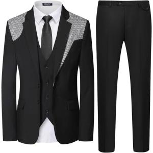 imageWULFUL Mens 3 Piece Slim Fit Suit Set Two Button Blazer Jacket Vest Pants Tuxedo Set for Party Wedding and Business