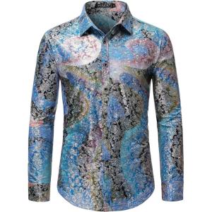 imageWULFUL Mens Luxury Disco Party Prom Paisley Gold Shiny Long Sleeve Dress Shirts Button Down Shirts
