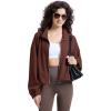 imageWULFUL Womens Full Zip Cropped Sweatshirt Long Sleeve Stand Collar Casual Jacket ShortBrown
