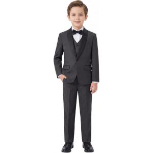 imageBoys 5 Pieces Tuxedo Suit Set Kids Suits Shawl Collar Jacket Pant Vest Pant and Bow Tie for Wedding Ring Bearer Party PromDark Grey