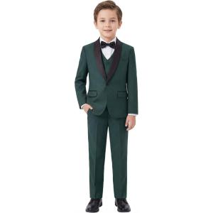 imageBoys 5 Pieces Tuxedo Suit Set Kids Suits Shawl Collar Jacket Pant Vest Pant and Bow Tie for Wedding Ring Bearer Party PromDeep Green