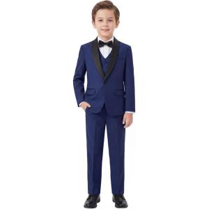 imageBoys 5 Pieces Tuxedo Suit Set Kids Suits Shawl Collar Jacket Pant Vest Pant and Bow Tie for Wedding Ring Bearer Party PromNavy