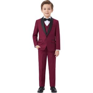 imageBoys 5 Pieces Tuxedo Suit Set Kids Suits Shawl Collar Jacket Pant Vest Pant and Bow Tie for Wedding Ring Bearer Party PromWine Red