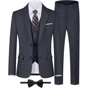 imageWULFUL Boys Formal Suit SetSlim Fit Blazer Dress Shirt Pants with Bow Tie 616 YearsDark Grey