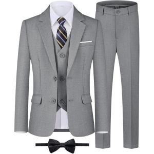 imageWULFUL Boys Formal Suit SetSlim Fit Blazer Dress Shirt Pants with Bow Tie 616 YearsLight Grey