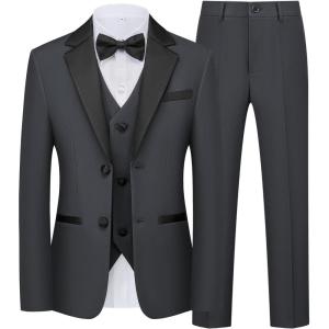imageWULFUL Boys Suits 5Piece Tuxedo Suit Set Jacket Pants Shirt Vest amp Bow Tie for Kids Wedding Ring Bearer PartyDark Grey