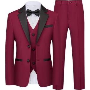 imageWULFUL Boys Suits 5Piece Tuxedo Suit Set Jacket Pants Shirt Vest amp Bow Tie for Kids Wedding Ring Bearer PartyWine Red
