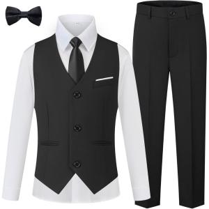 imageWULFUL Boys Suits 5Pieces Formal Slim Fit Tuxedo Suit SetTeen Suits for Wedding Ring Bearer Church OutfitBlack