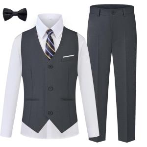 imageWULFUL Boys Suits 5Pieces Formal Slim Fit Tuxedo Suit SetTeen Suits for Wedding Ring Bearer Church OutfitDark Grey