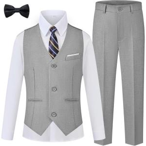 imageWULFUL Boys Suits 5Pieces Formal Slim Fit Tuxedo Suit SetTeen Suits for Wedding Ring Bearer Church OutfitLight Grey