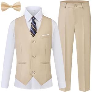 imageWULFUL Boys Suits 5Pieces Formal Slim Fit Tuxedo Suit SetTeen Suits for Wedding Ring Bearer Church OutfitLight Khaki