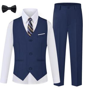 imageWULFUL Boys Suits 5Pieces Formal Slim Fit Tuxedo Suit SetTeen Suits for Wedding Ring Bearer Church OutfitNavy