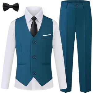 imageWULFUL Boys Suits 5Pieces Formal Slim Fit Tuxedo Suit SetTeen Suits for Wedding Ring Bearer Church OutfitSea Blue