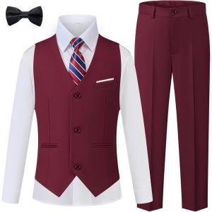 imageWULFUL Boys Suits 5Pieces Formal Slim Fit Tuxedo Suit SetTeen Suits for Wedding Ring Bearer Church OutfitWine Red