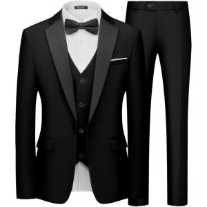 imageWULFUL Mens 3 Piece Suits Slim Fit Tuxedo Suit Set One Button Shawl Lapel Blazer Jacket Vest Pants Set for Prom BusinessBlacknotch Lapel