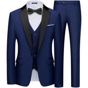 imageWULFUL Mens 3 Piece Suits Slim Fit Tuxedo Suit Set One Button Shawl Lapel Blazer Jacket Vest Pants Set for Prom BusinessNavynotch Lapel