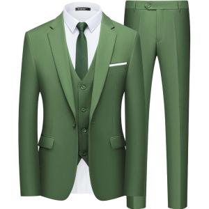 imageWULFUL Mens Slim Fit Suit One Button 3Piece Blazer Dress Business Wedding Party Jacket Vest amp PantSage Green