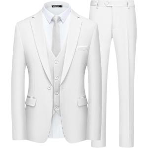 imageWULFUL Mens Slim Fit Suit One Button 3Piece Blazer Dress Business Wedding Party Jacket Vest amp PantWhite
