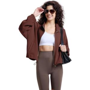 imageWULFUL Womens Full Zip Cropped Sweatshirt Long Sleeve Stand Collar Casual Jacket ShortBrown