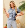 imageWULFUL Womens Short Sleeve Striped Pullover Sweater Cardigan Ribbed Knit Casual V Neck Shirt Tops