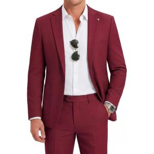 imageWULFUL Mens 2 Piece Slim Fit Suit Set One Button Casual Blazer Jacket Pants SetClassic Fit Suits for Men Wedding BusinessRed