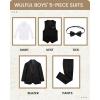imageWULFUL Boys 5 Pieces Tuxedo Suit Set Kids Suits Shawl Collar Jacket Pant Vest and Bow Tie for Wedding Ring Bearer Party PromBlack