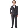 imageWULFUL Boys 5 Pieces Tuxedo Suit Set Kids Suits Shawl Collar Jacket Pant Vest and Bow Tie for Wedding Ring Bearer Party PromDark Grey