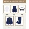 imageWULFUL Boys 5 Pieces Tuxedo Suit Set Kids Suits Shawl Collar Jacket Pant Vest and Bow Tie for Wedding Ring Bearer Party PromNavy