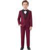 imageWULFUL Boys 5 Pieces Tuxedo Suit Set Kids Suits Shawl Collar Jacket Pant Vest and Bow Tie for Wedding Ring Bearer Party PromWine Red