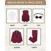 imageWULFUL Boys 5 Pieces Tuxedo Suit Set Kids Suits Shawl Collar Jacket Pant Vest and Bow Tie for Wedding Ring Bearer Party PromWine Red