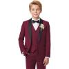 imageWULFUL Boys 5 Pieces Tuxedo Suit Set Kids Suits Shawl Collar Jacket Pant Vest and Bow Tie for Wedding Ring Bearer Party PromWine Red